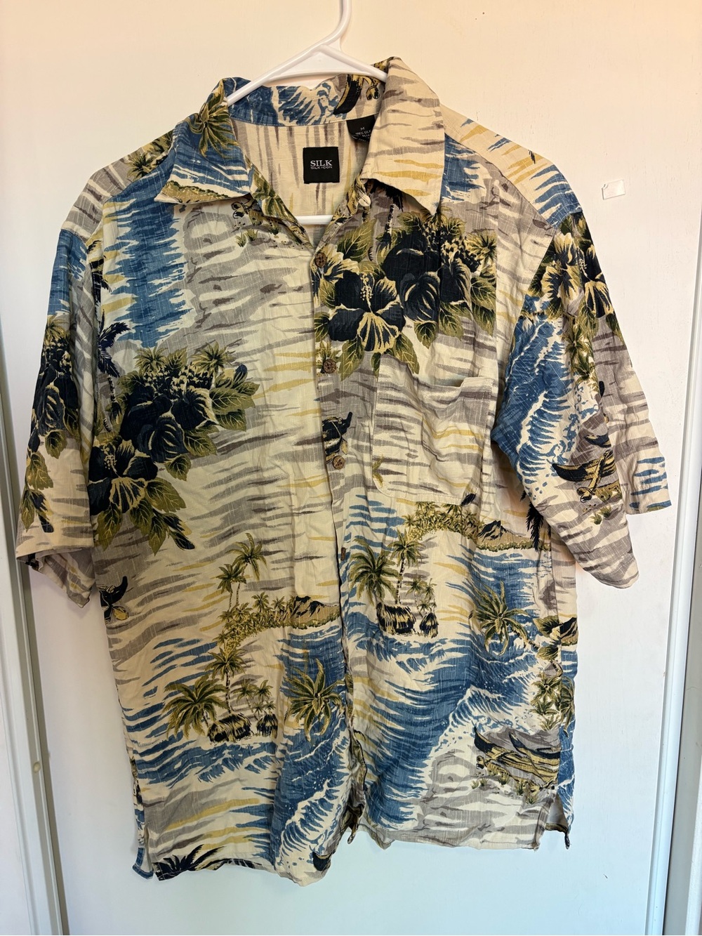 Silk Icon Hawaiian Tropical Print Washable Silk‎ Shirt w Coconut Shell Buttons-M